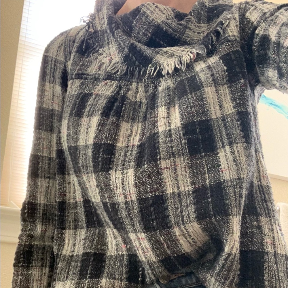 Free People Plaid Fringe Collar Top Sz S